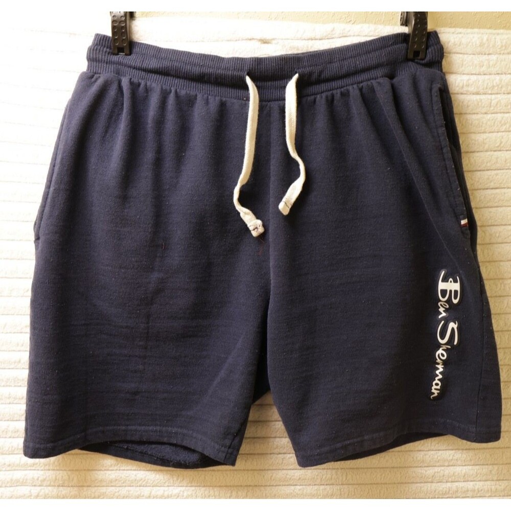 Ben Sherman Mens XL Navy Blue Fleece Sweat Shorts Drawstring Pocket Logo